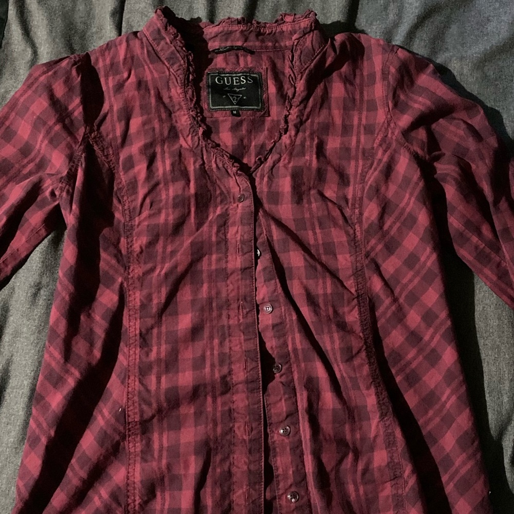 Guess Red and Black 3/4 Sleeve Blouse with Mandarin Collar
